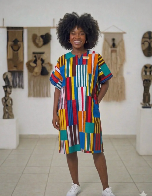 Woman wearing a colorful patterned dress in an art gallery setting