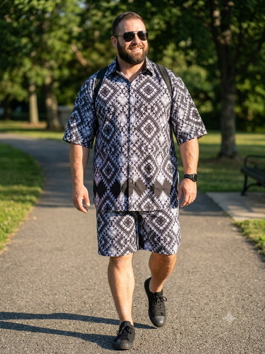 African Print Grey Men's Shirt & Shorts Set