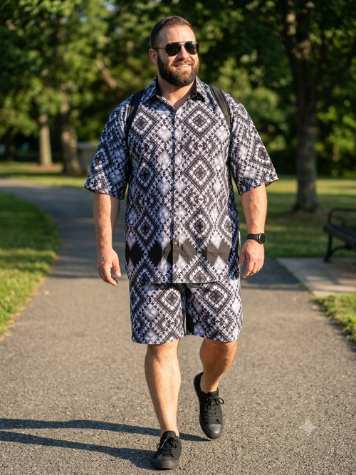 African Print Grey Men's Shirt & Shorts Set