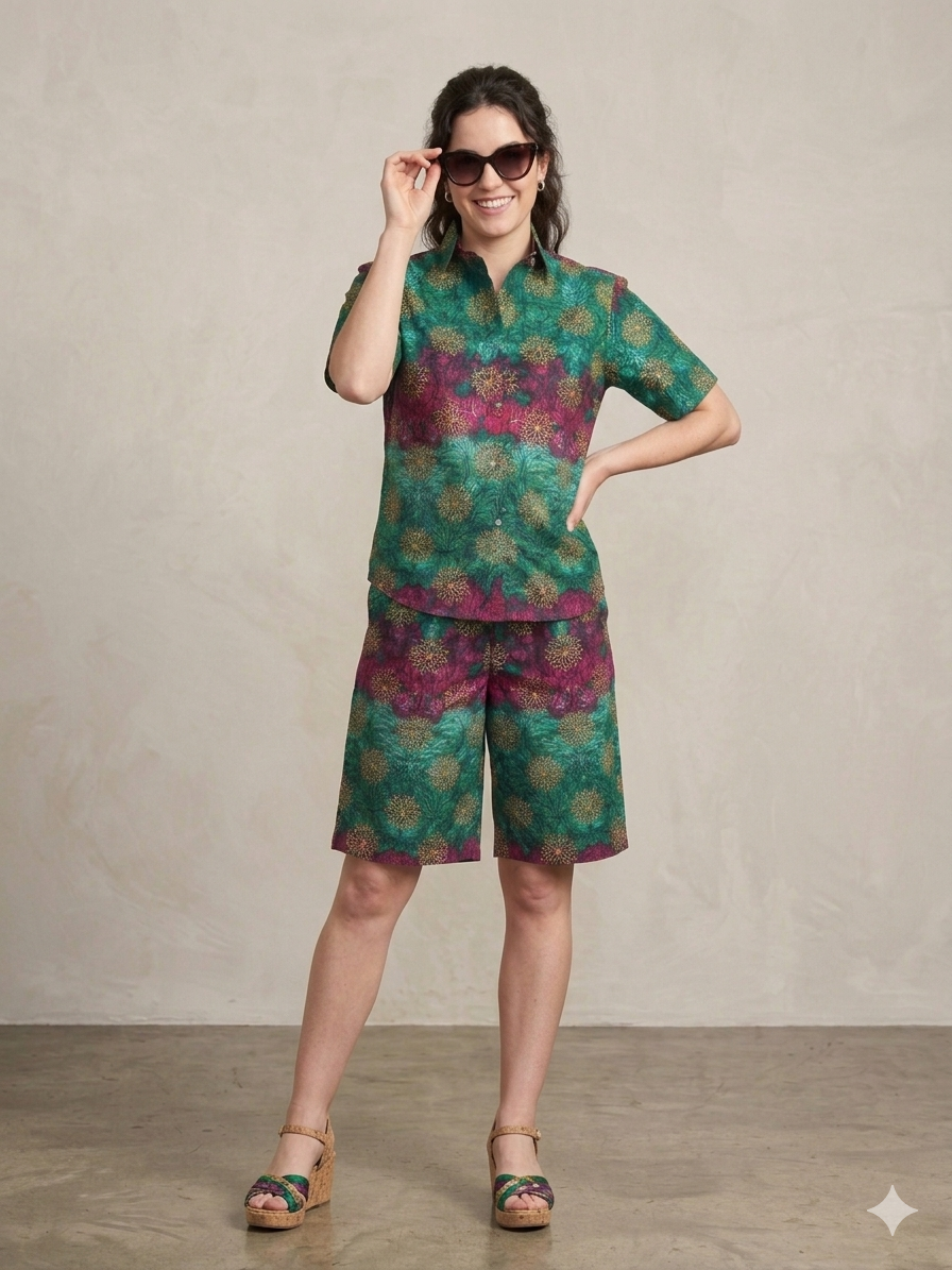 Ankara Green Magenta Floral Sunburst Women's Shorts and Top Set