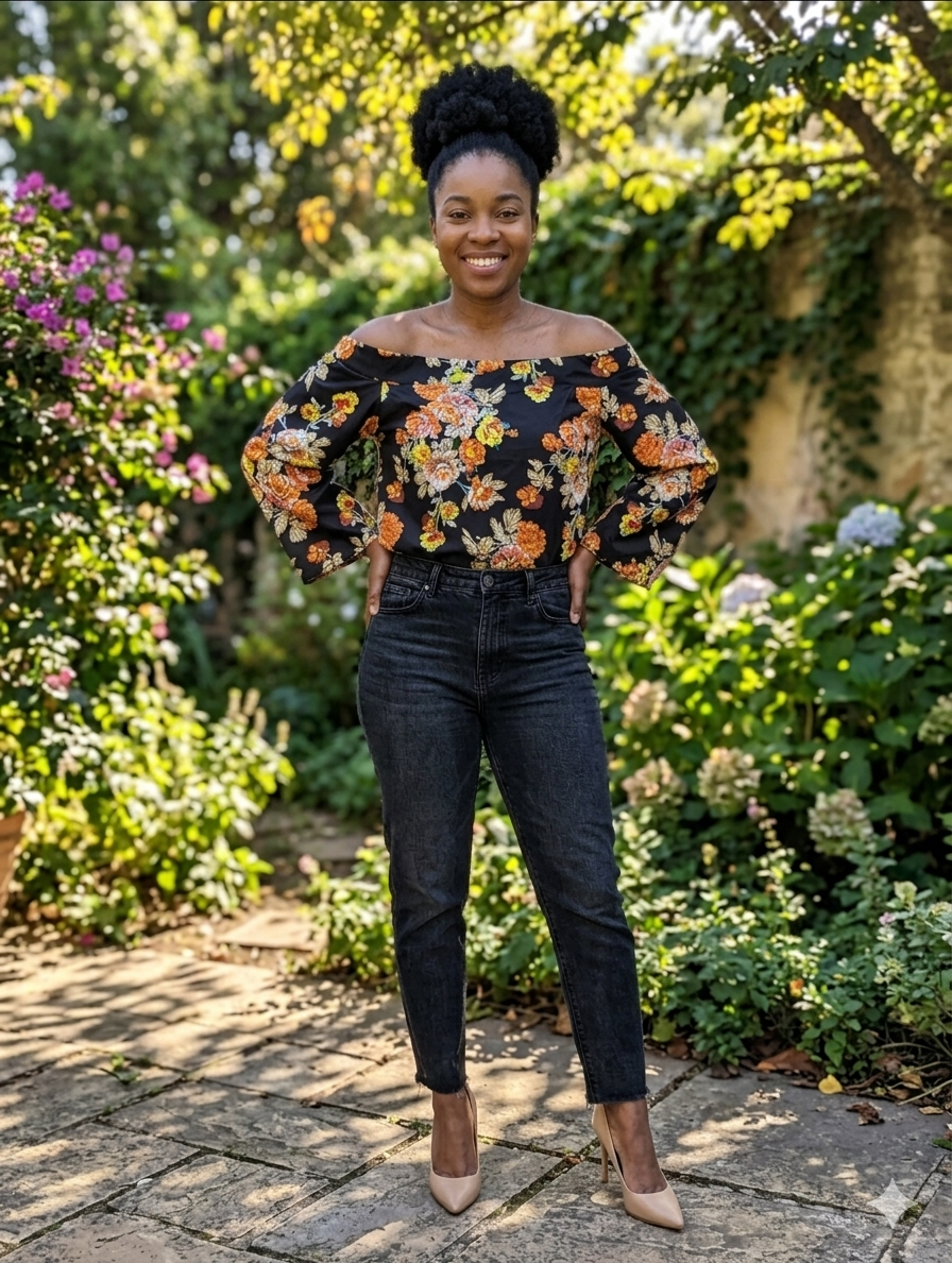 Floral Off-Shoulder Bell Sleeve Top – Black