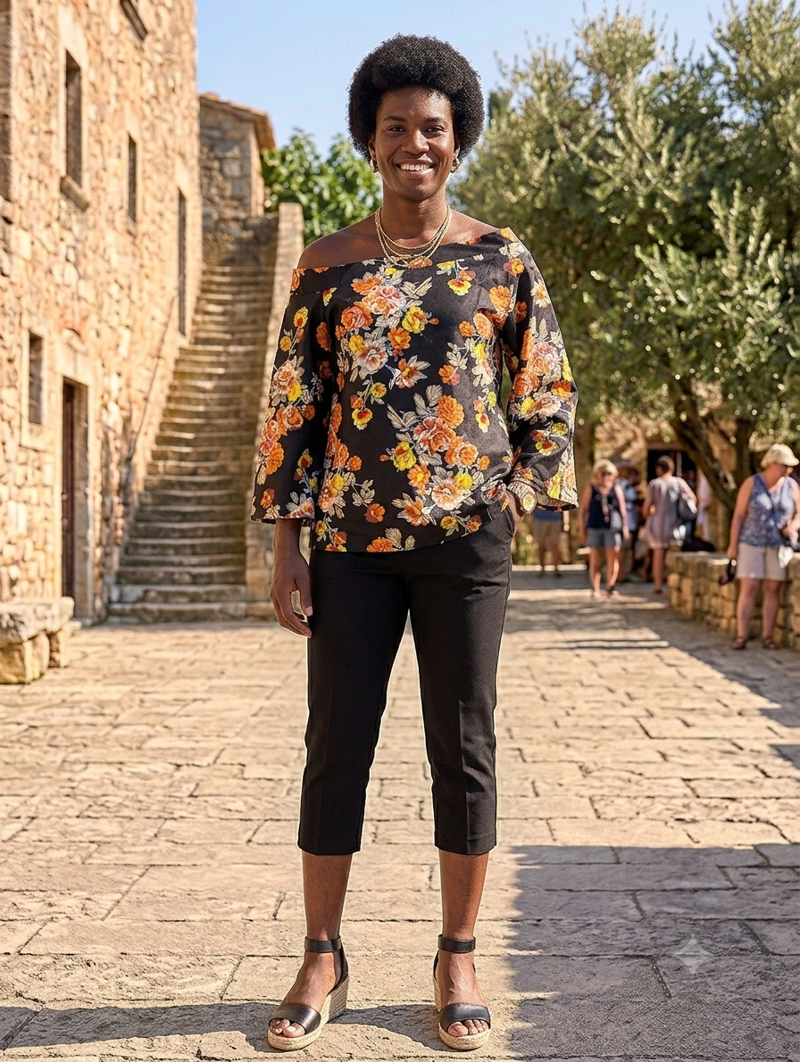 Floral Off-Shoulder Bell Sleeve Top – Black