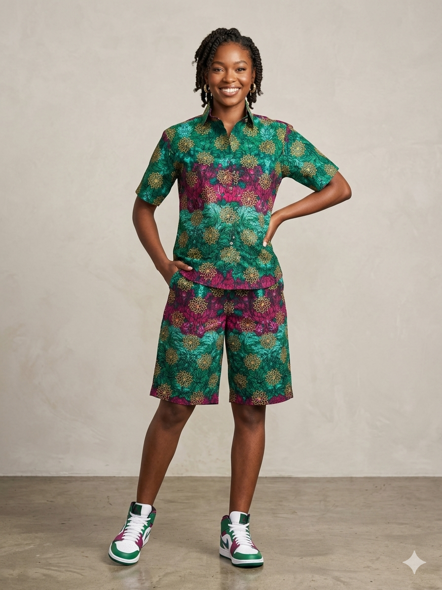 Ankara Green Magenta Floral Sunburst Women's Shorts and Top Set