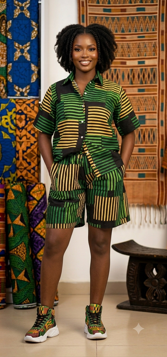 Ankara Green Stripe Women's Shorts and Top Set