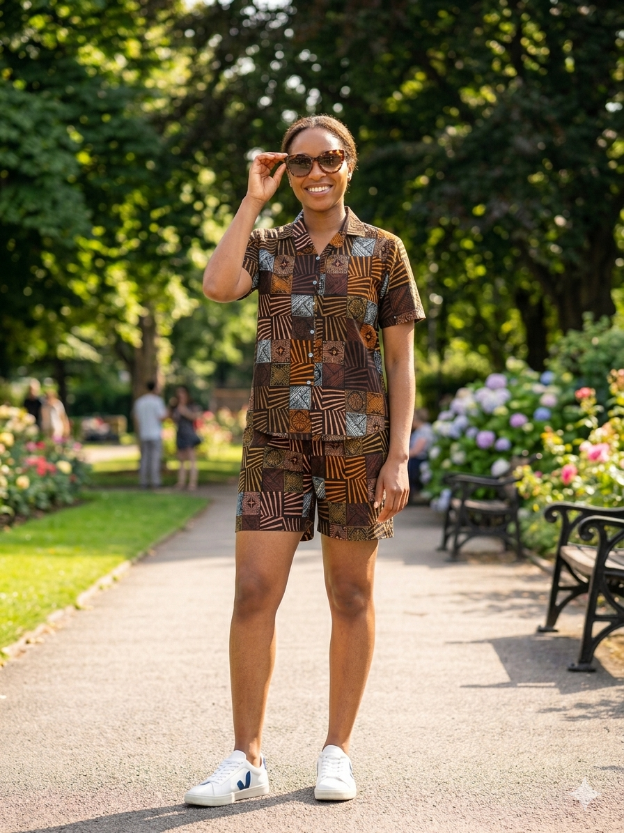 Ankara Brown Patchwork Geometric Women's Shorts and Top Set