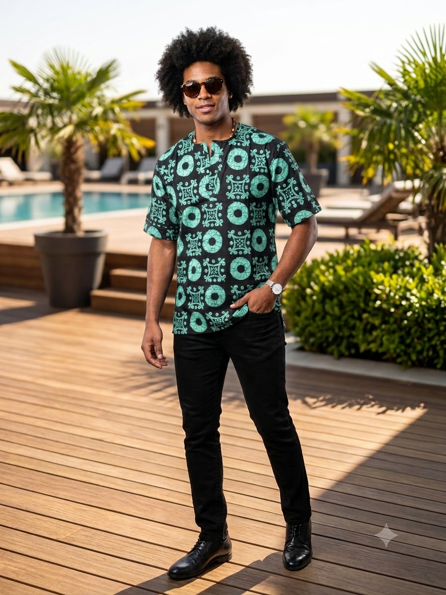 Men's Ankara Mint Geometric Circle Print Senator Top