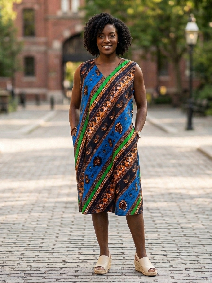 Woman wearing Ankara diagonal stripe sleeveless midi dress in blue, green and orange print