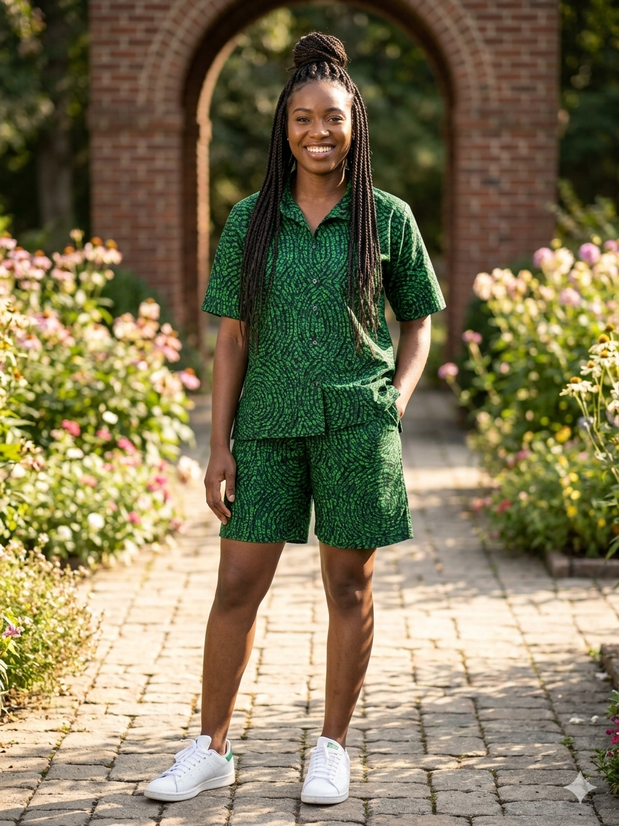 Ankara Emerald Green Swirl Mosaic Women's Shorts and Top Set