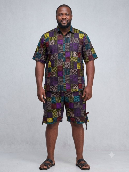 African Patchwork Purple Men's Shirt & Shorts Set