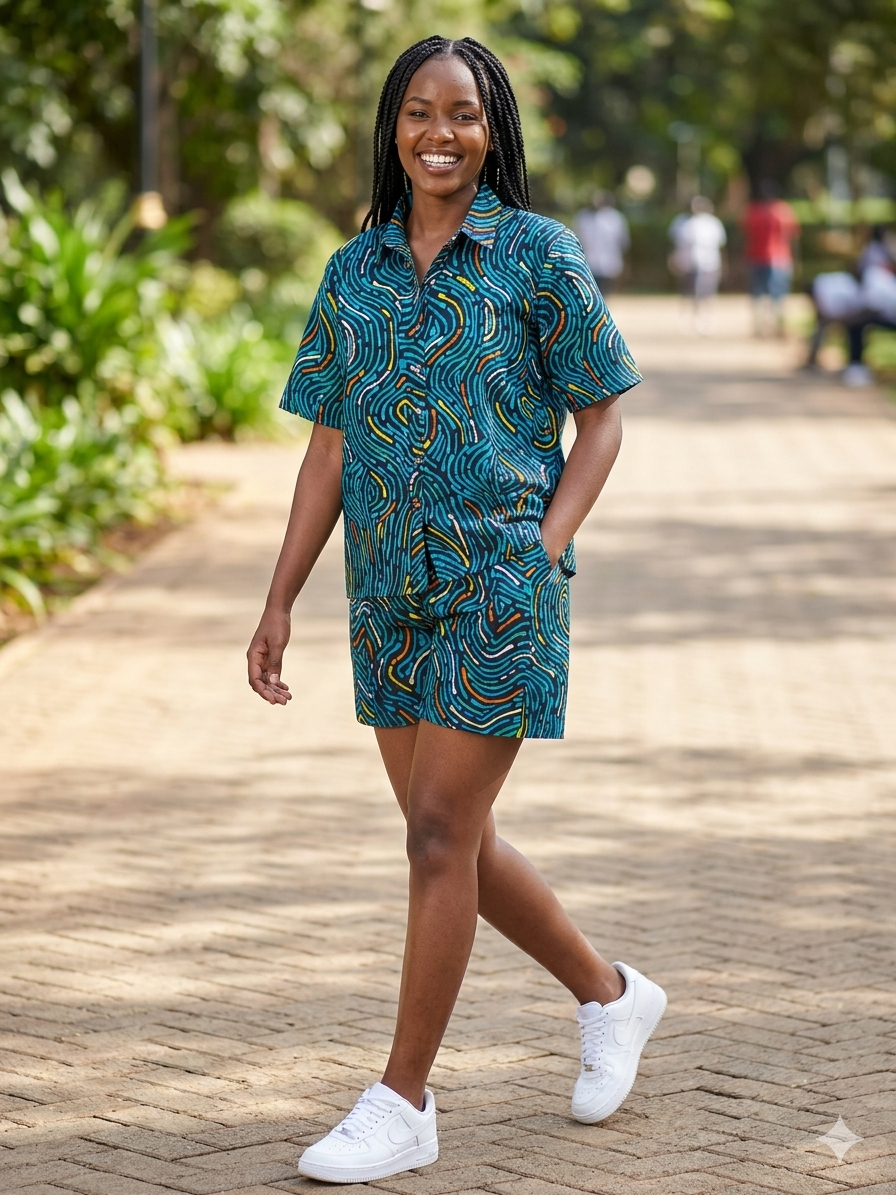 Ankara Teal Rainbow Arc Swirl Women's Shorts and Top Set