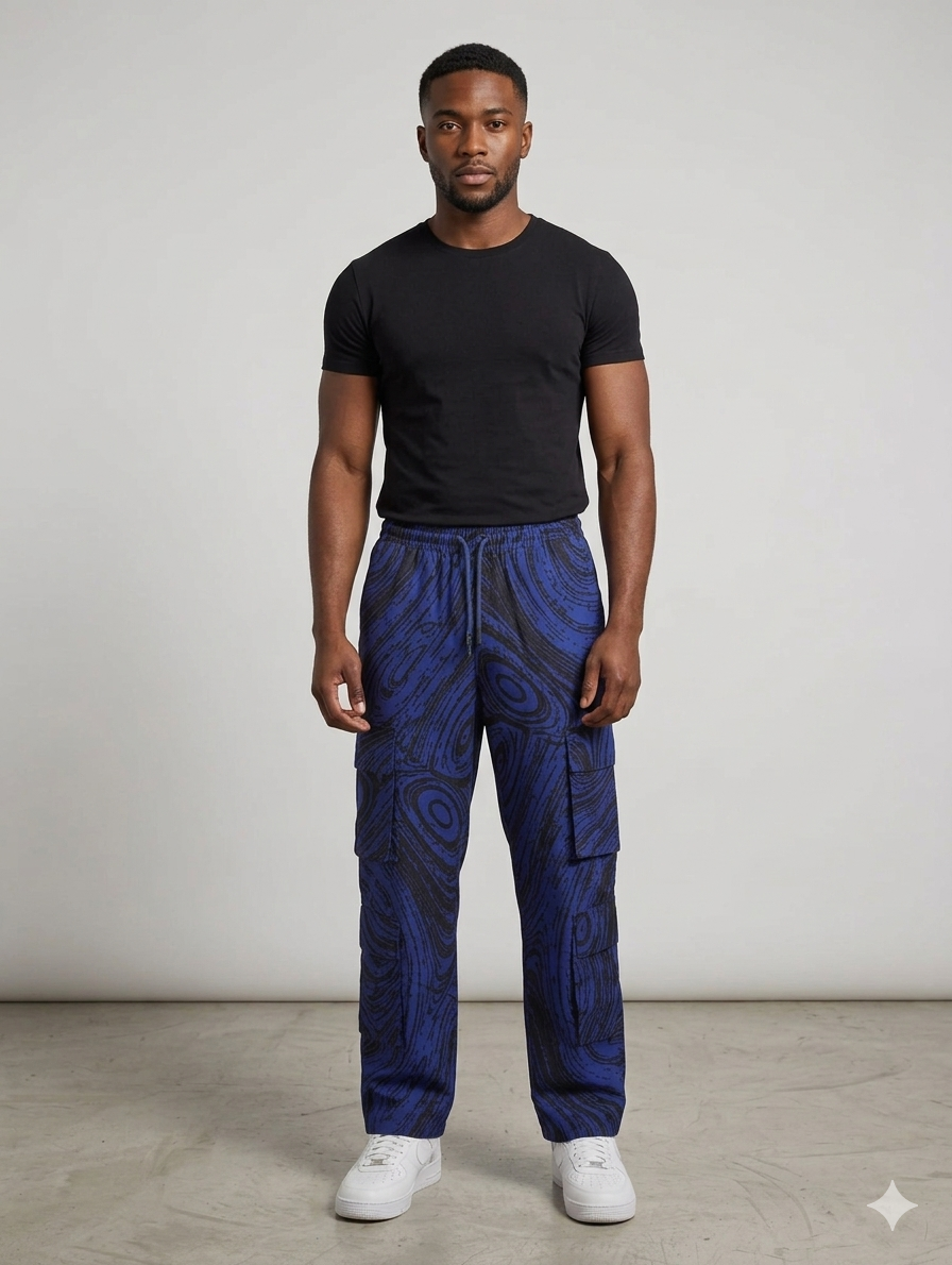 Ankara Navy Blue Swirl Wave Men's Cargo Pants