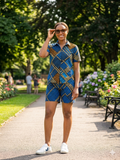 Ankara Blue Diagonal Stripe Patchwork Women's Shorts and Top Set
