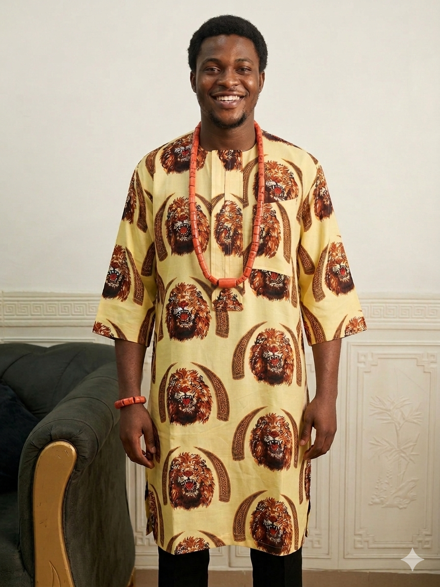 Cream Lion Head with Tusk Isiagu Top – Long Length