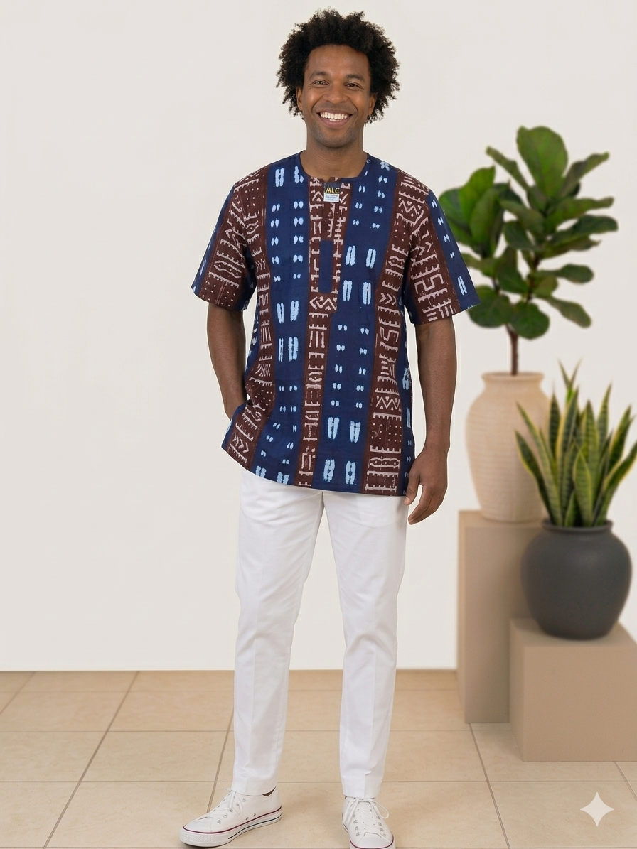 Men's Ankara Mudcloth Print African Senator Top