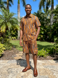 African Print Orange Men's Shirt & Shorts Set