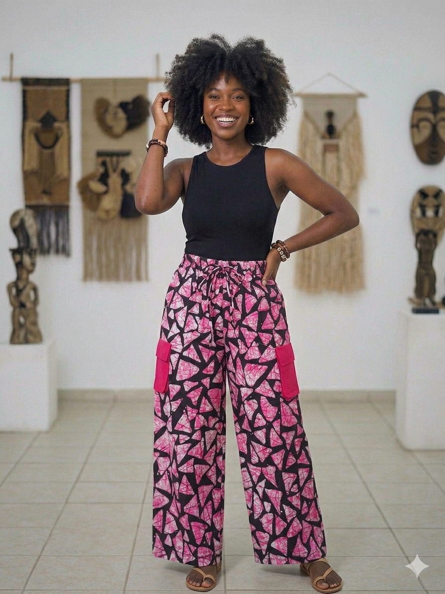 Women's Pink & Black Geometric Print Wide-Leg Cargo Pants
