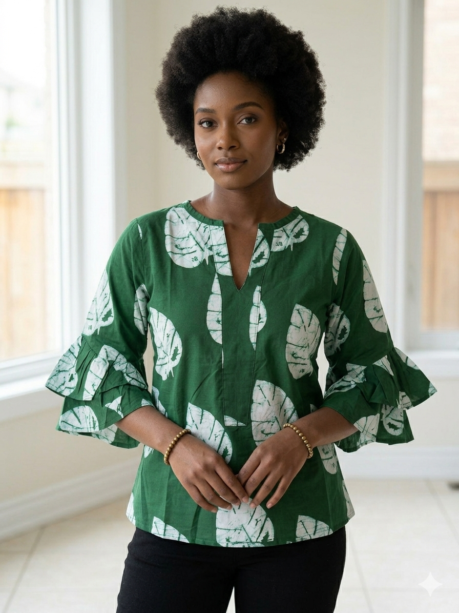 Women's Ankara Leaf Print Ruffle Sleeve Blouse – Forest Green