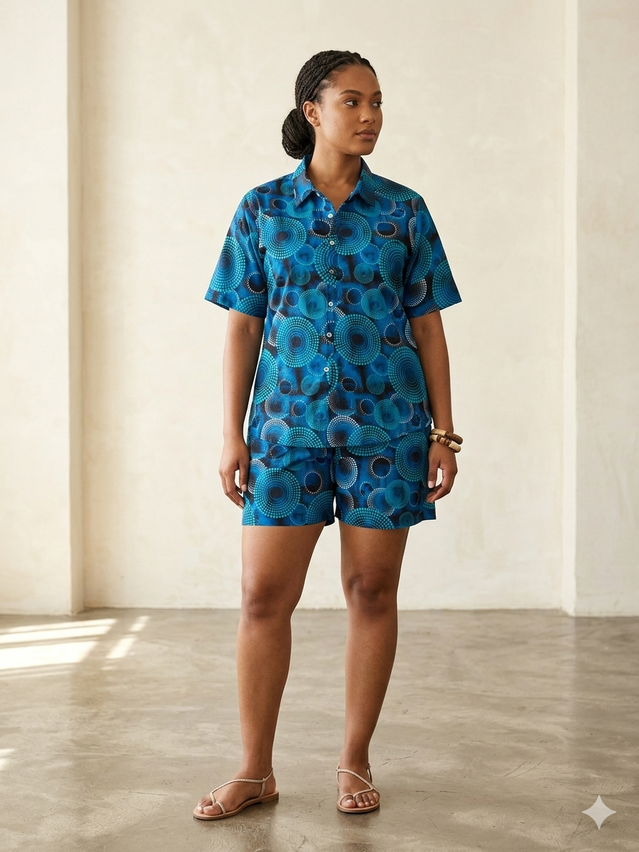 Ankara Blue Dotted Circle Print Women's Shorts and Top Set