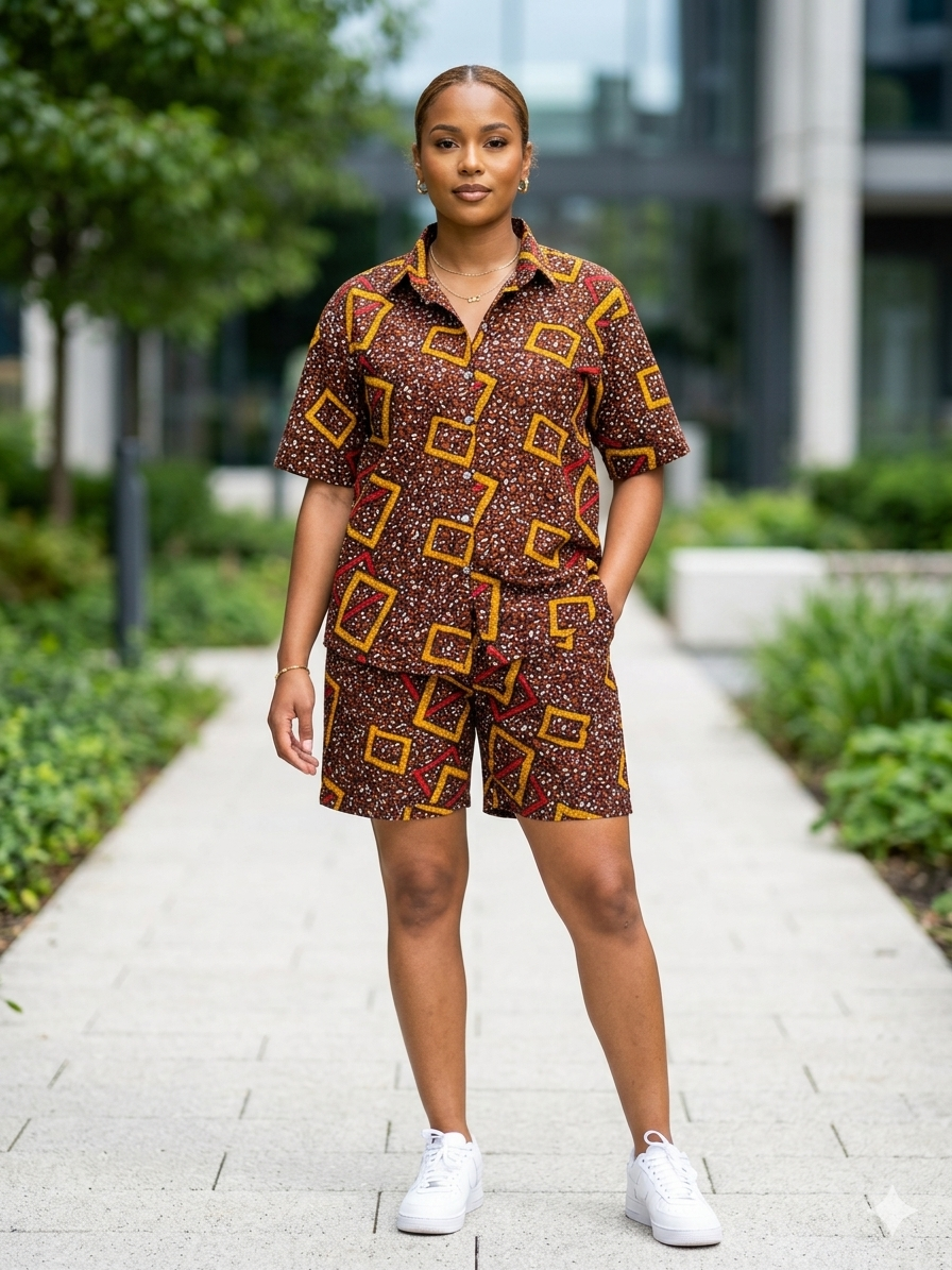 Ankara Geometric Square Print Women's Shorts and Top Set