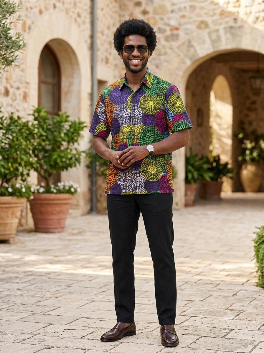 Ankara Mosaic Circle Print Short-Sleeve Shirt