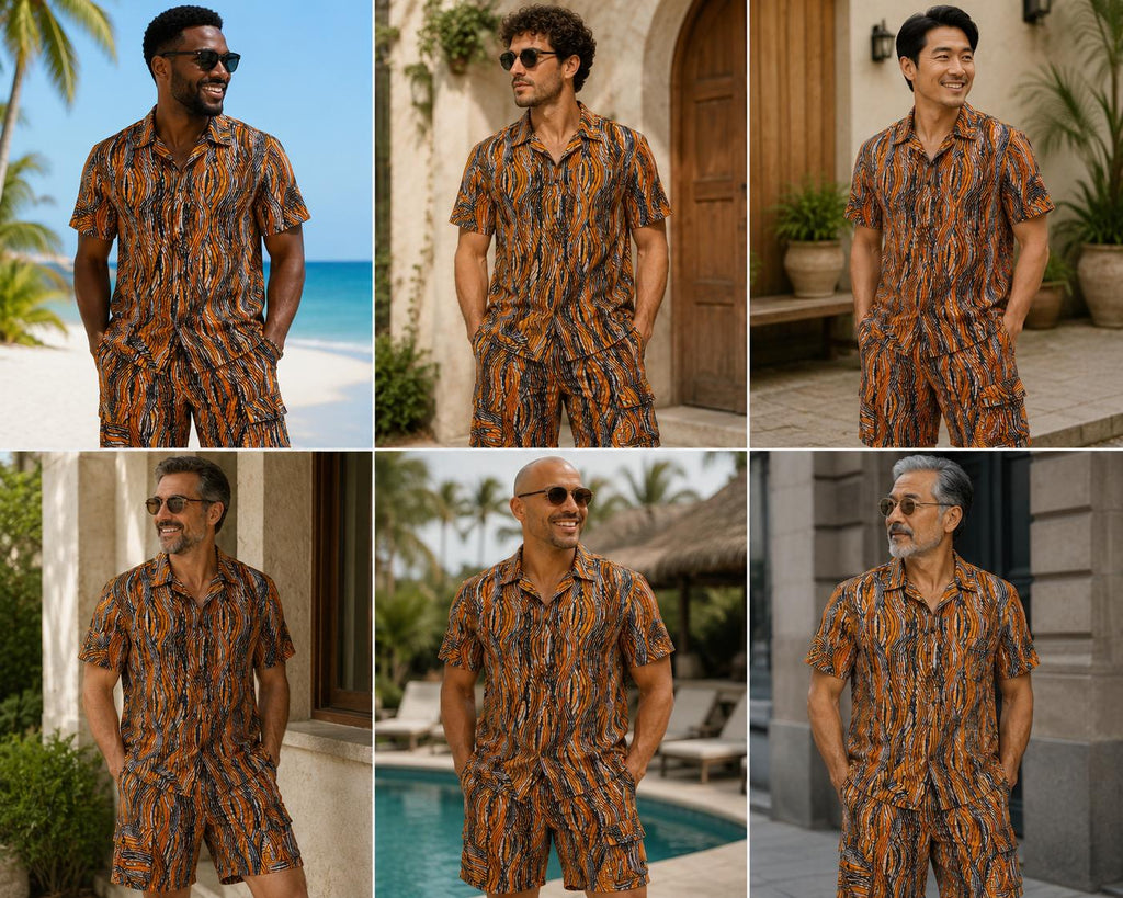 African Print Orange Men's Shirt & Shorts Set