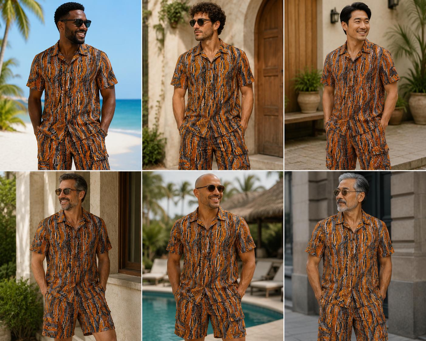 African Print Orange Men's Shirt & Shorts Set
