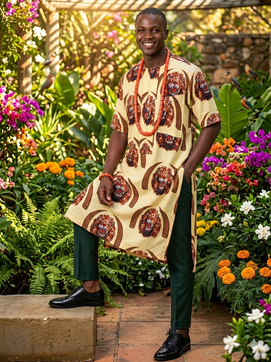 Cream Lion Head with Tusk Isiagu Top – Long Length