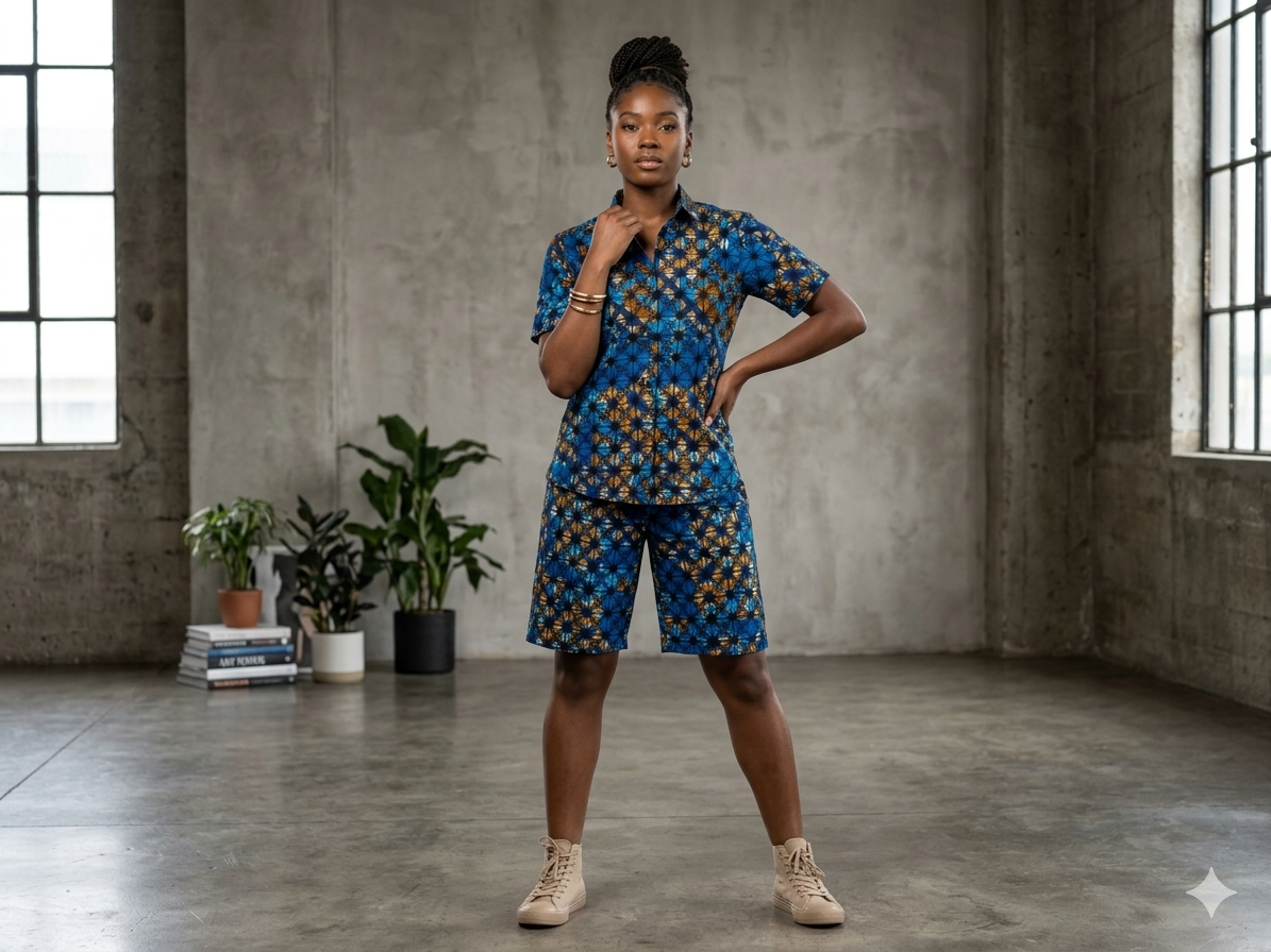 Ankara Blue Sunflower Starburst Women's Shorts and Top Set