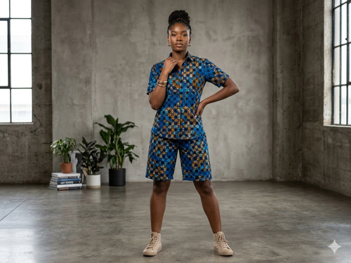Ankara Blue Sunflower Starburst Women's Shorts and Top Set