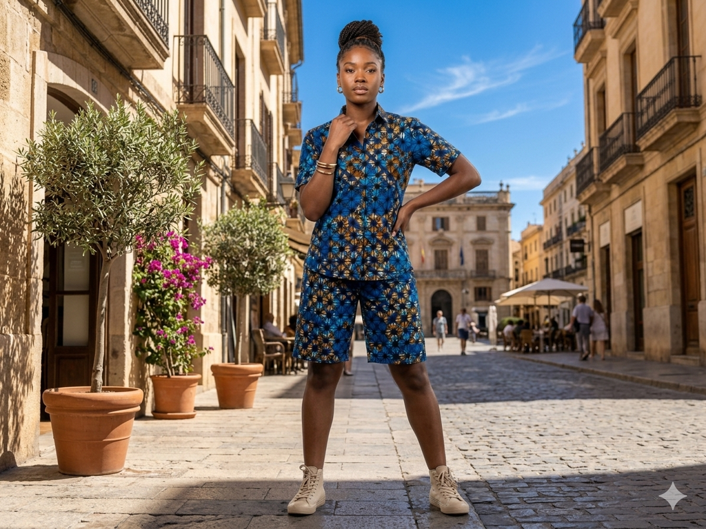 Ankara Blue Sunflower Starburst Women's Shorts and Top Set