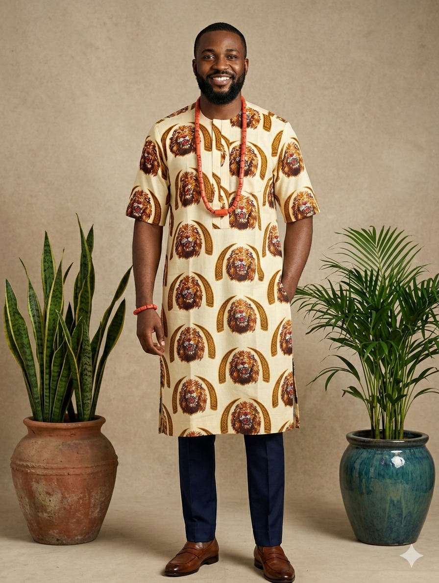 Cream Lion Head with Tusk Isiagu Top – Long Length