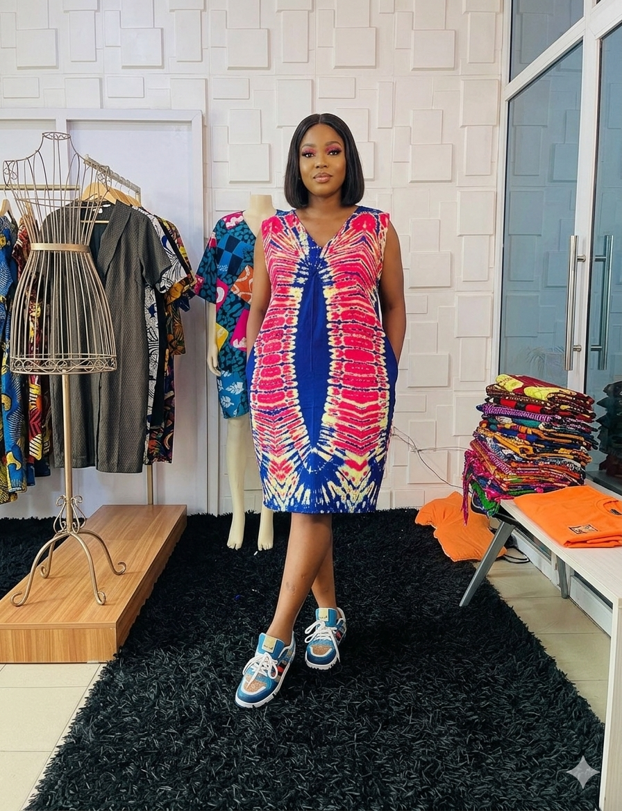 Adire Tie-Dye Sleeveless Mini Dress