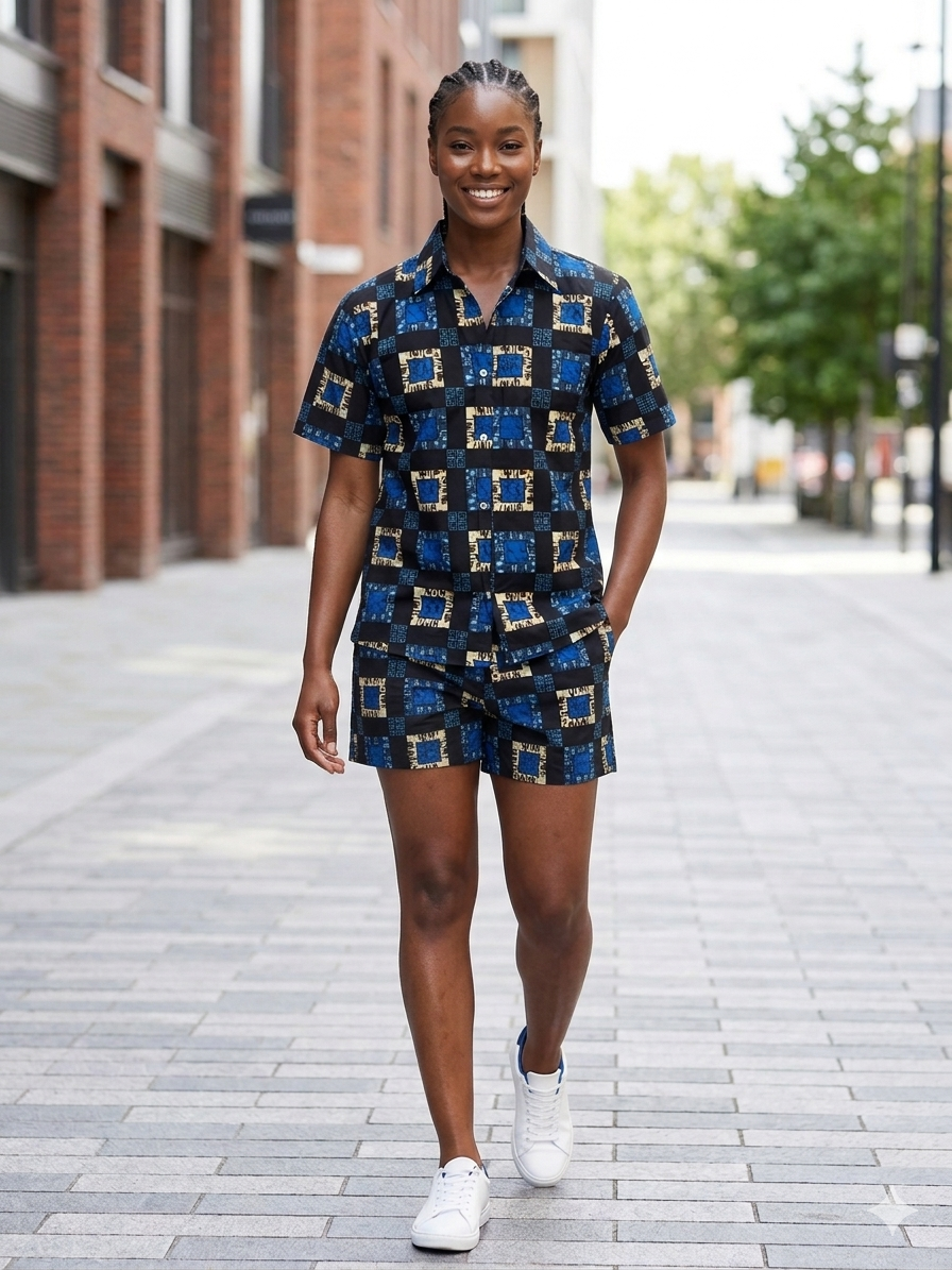 Ankara Blue Geometric Square Women's Shorts and Top Set