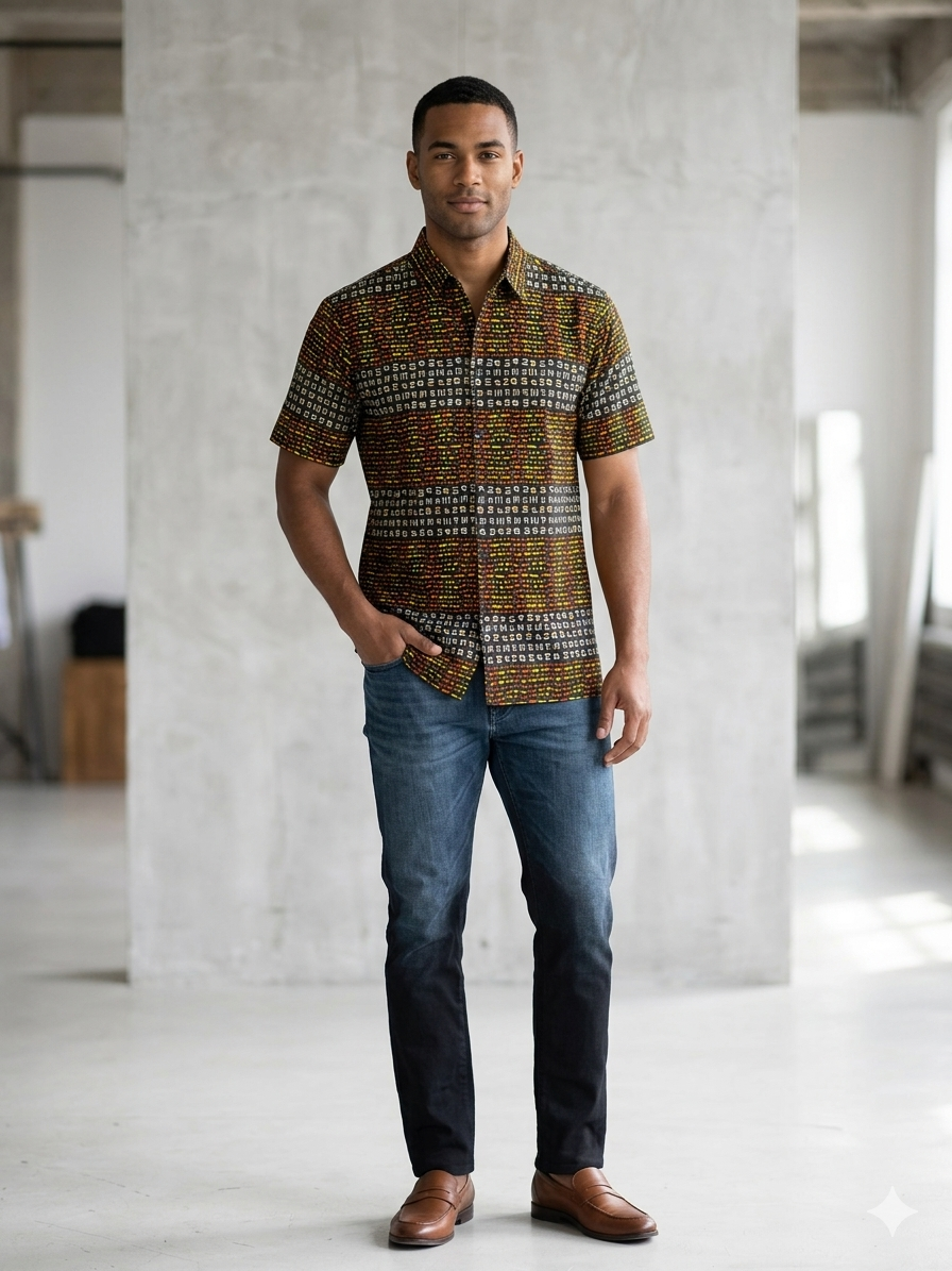 Men's Ankara Script Print Button-Up Shirt