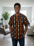 Men's Black Ankara Cowrie Shell Print Short Sleeve Senator Top