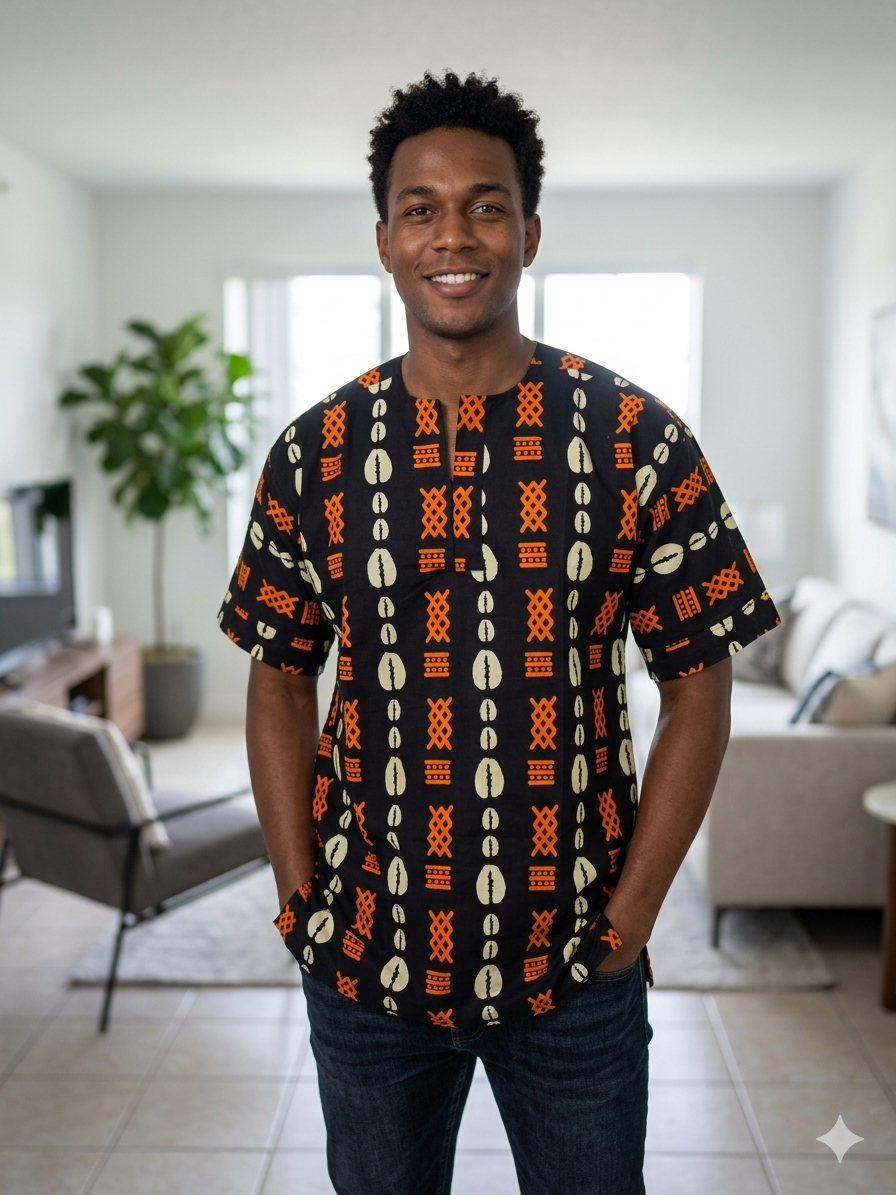 Men's Black Ankara Cowrie Shell Print Short Sleeve Senator Top