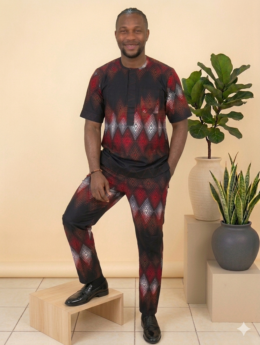 Men's Red & Black Diamond Print Senator Set
