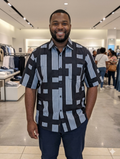 Men's Navy Blue Ankara Geometric Block Stripe Button-Up Shirt