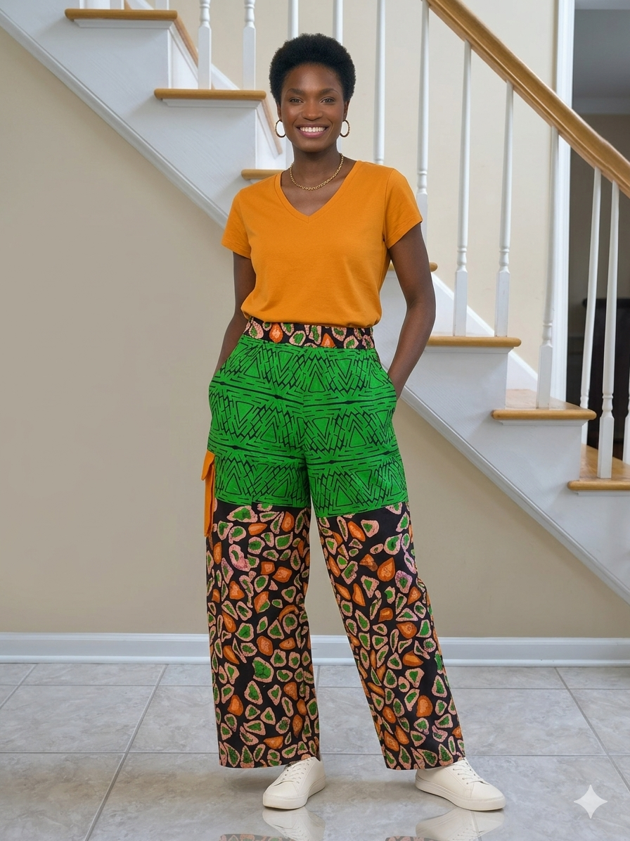 Women's Green & Orange Ankara Patchwork Wide-Leg Cargo Pants