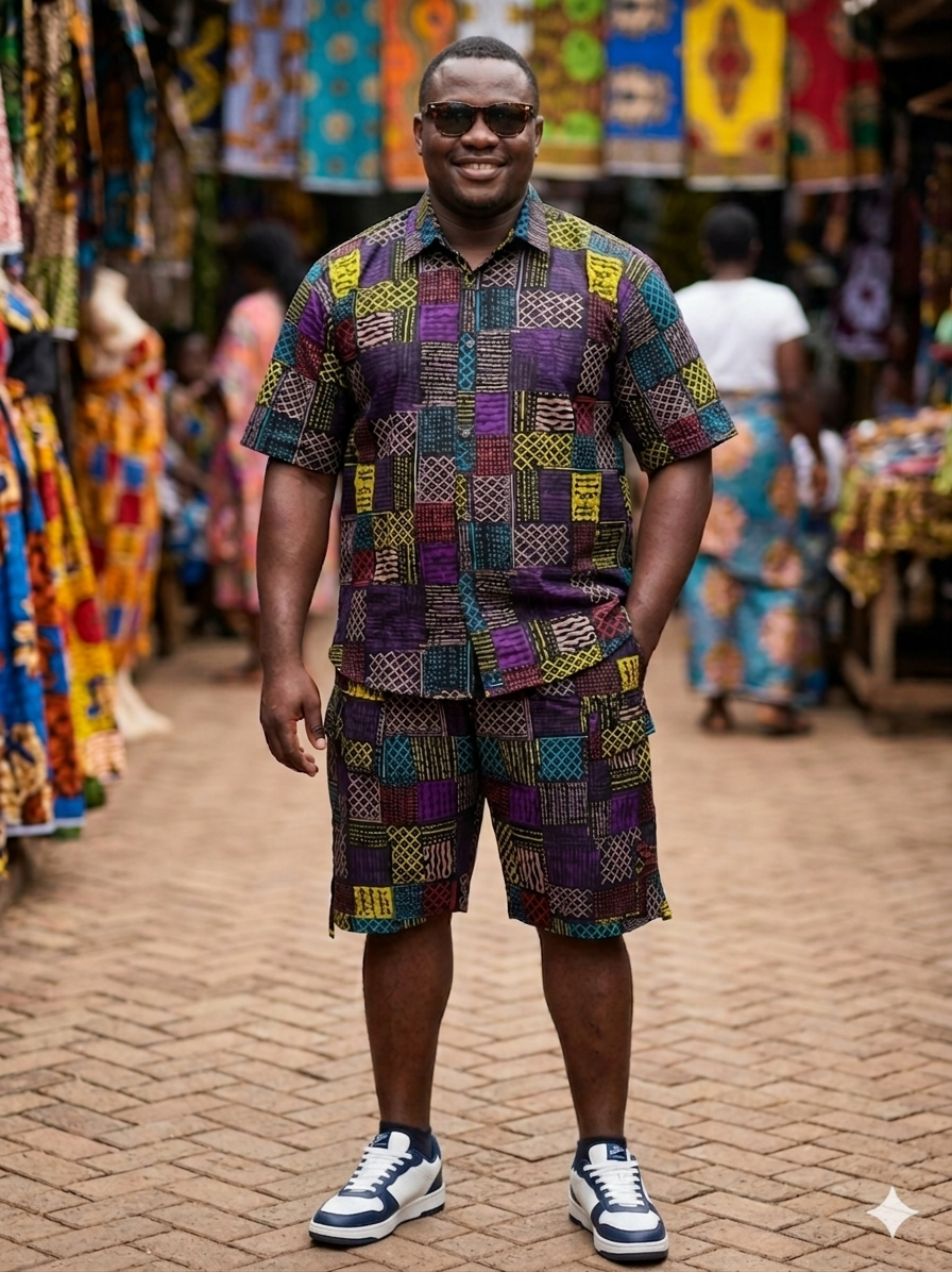African Patchwork Purple Men's Shirt & Shorts Set