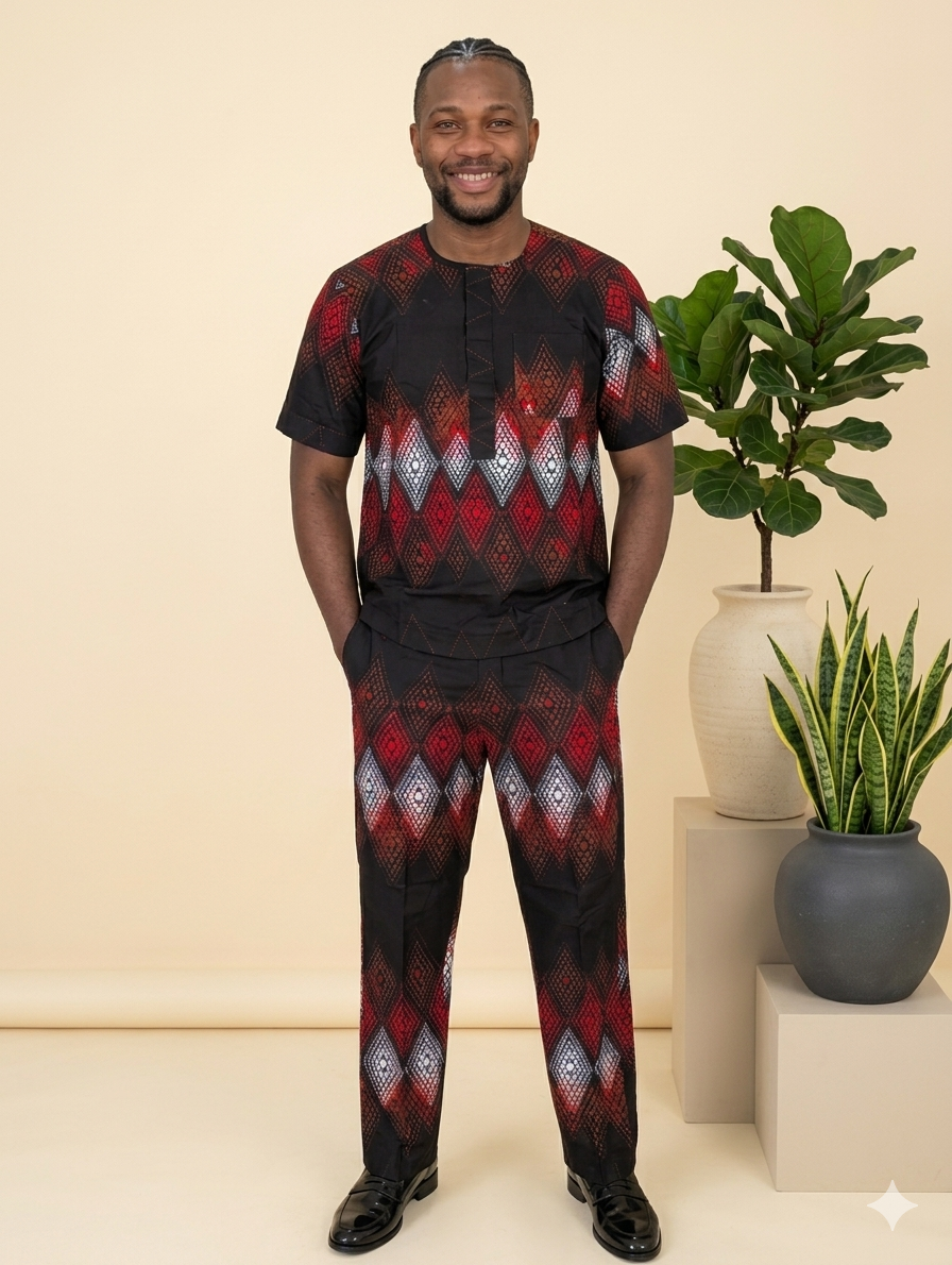 Men's Red & Black Diamond Print Senator Set