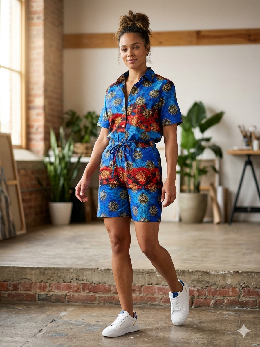 Ankara Blue Floral Sunburst Women's Shorts and Top Set