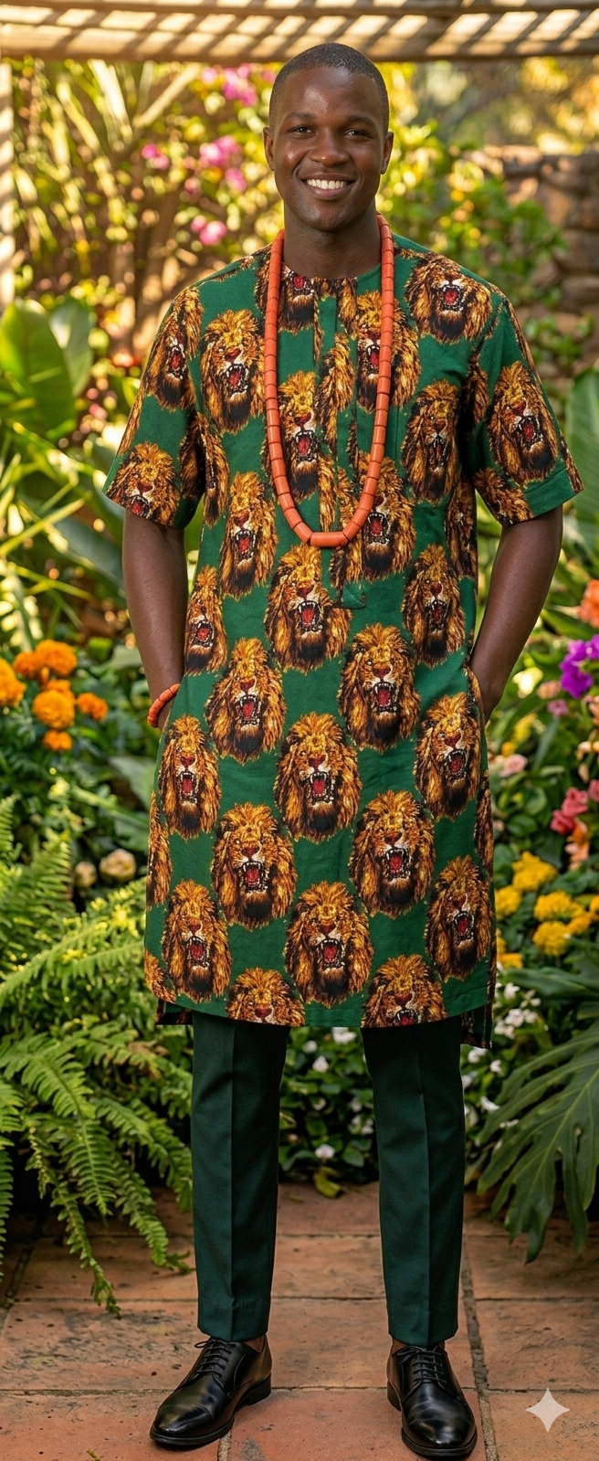 Man wearing a patterned shirt with a jungle background