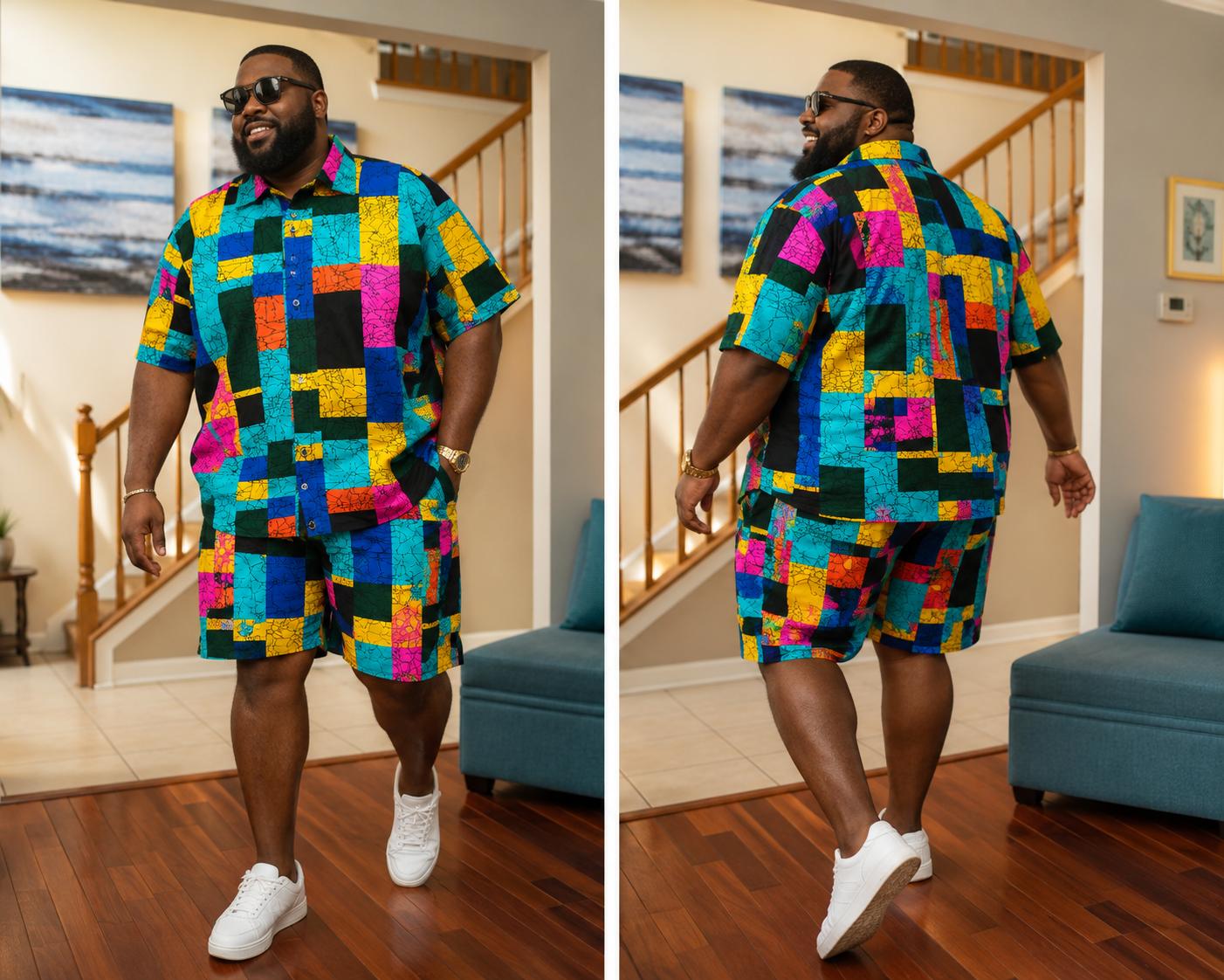 African Block Print Men's Shirt & Shorts Set