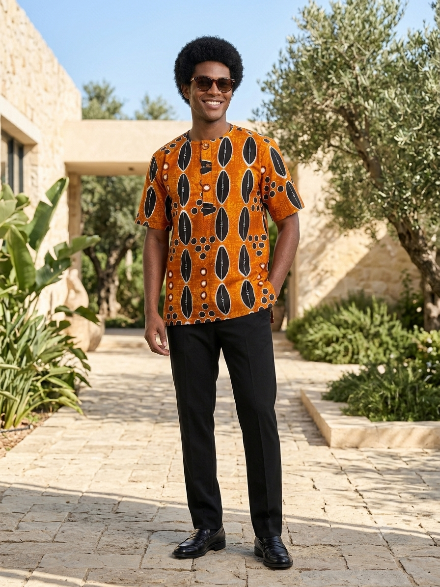 Men's Ankara Print Short Sleeve Senator Top