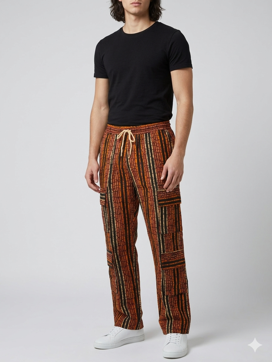 Ankara Burnt Orange Vertical Stripe Men's Cargo Pants