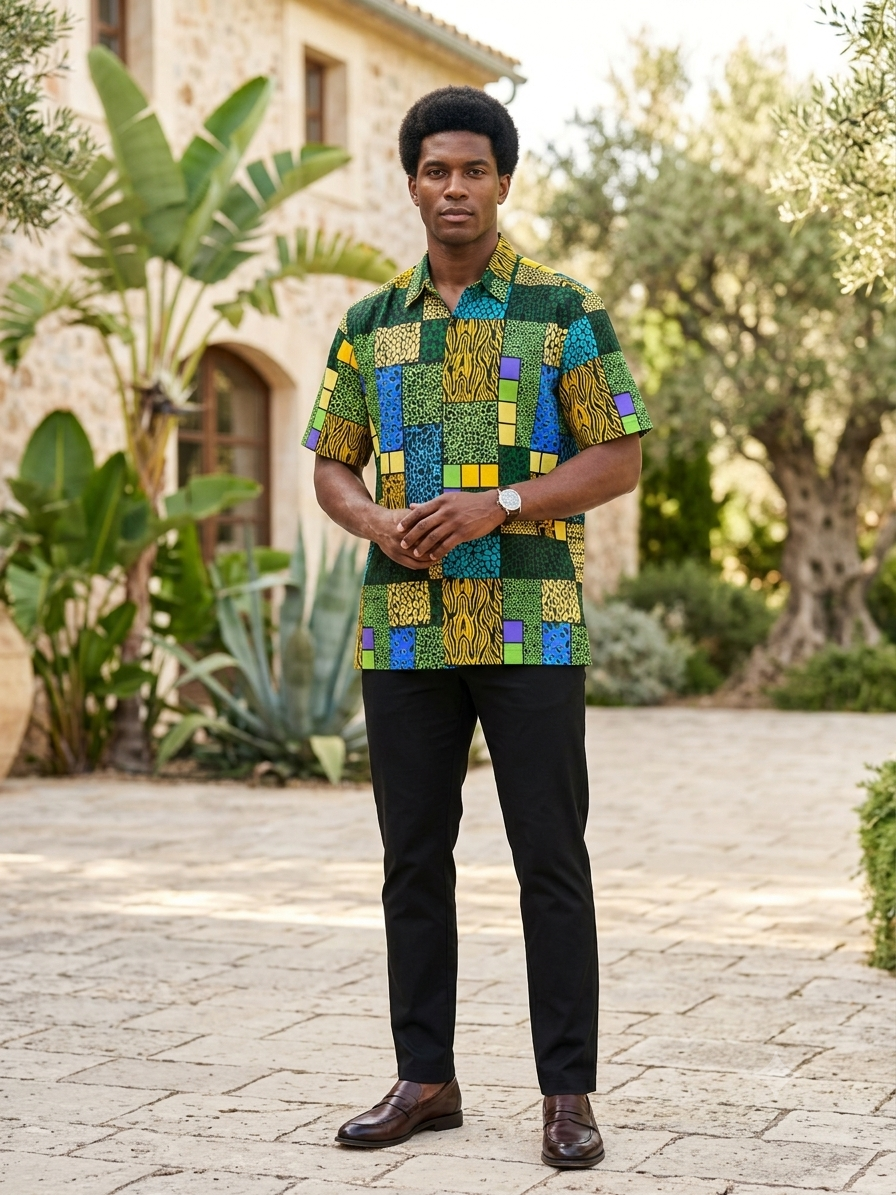 Man wearing Ankara patchwork short sleeve shirt in green, gold, blue and purple print