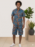 Men's Blue & Orange Abstract Circle Print Ankara Cargo Short Set