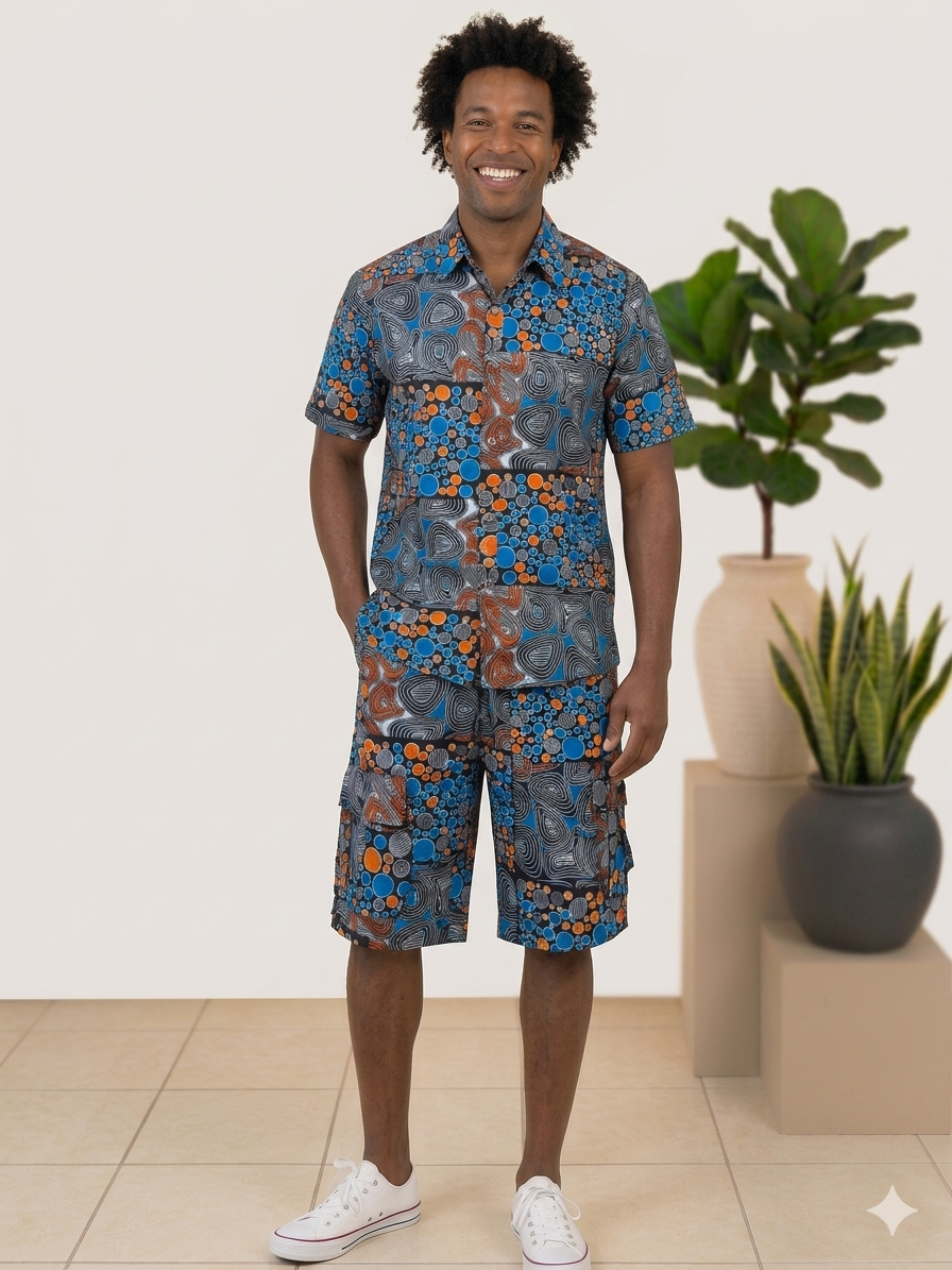 Men's Blue & Orange Abstract Circle Print Ankara Cargo Short Set
