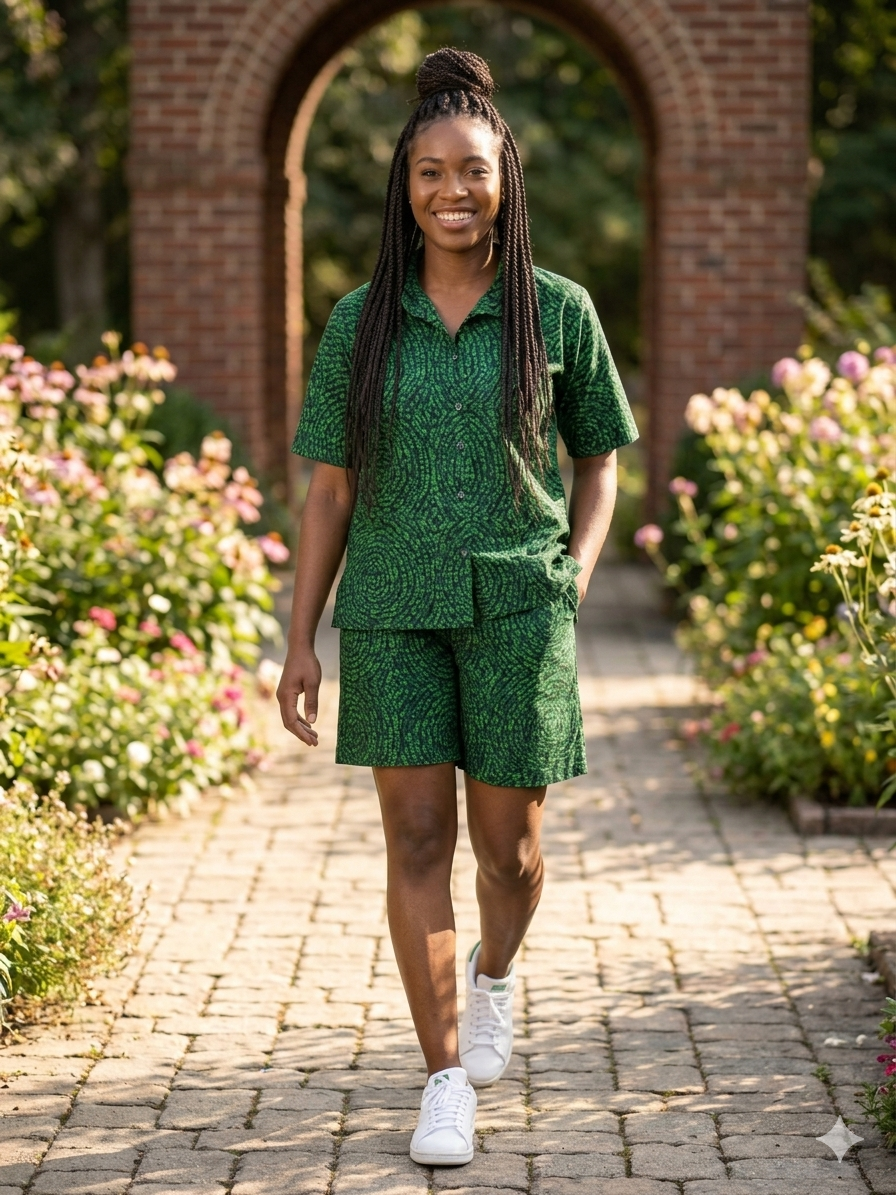 Ankara Emerald Green Swirl Mosaic Women's Shorts and Top Set